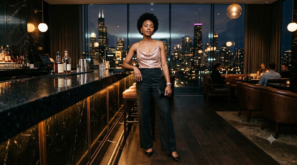 Rose Gold Sequin Camisole & Tailored Charcoal Trousers